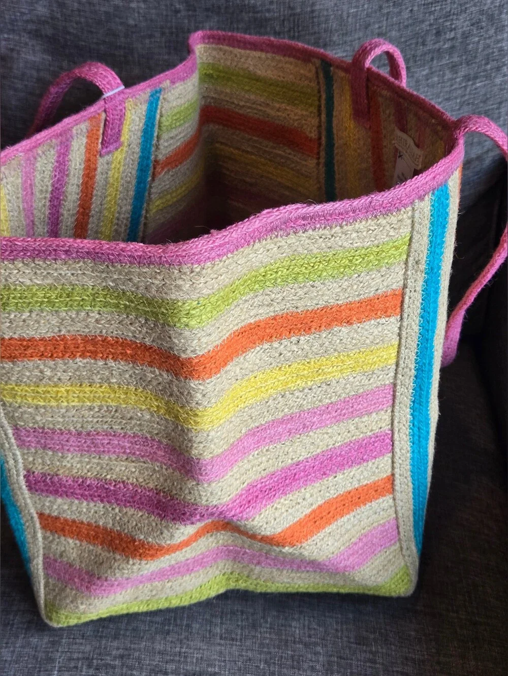 SHIRALEAH Chicago Jute Tote Bag with Pink Stripes